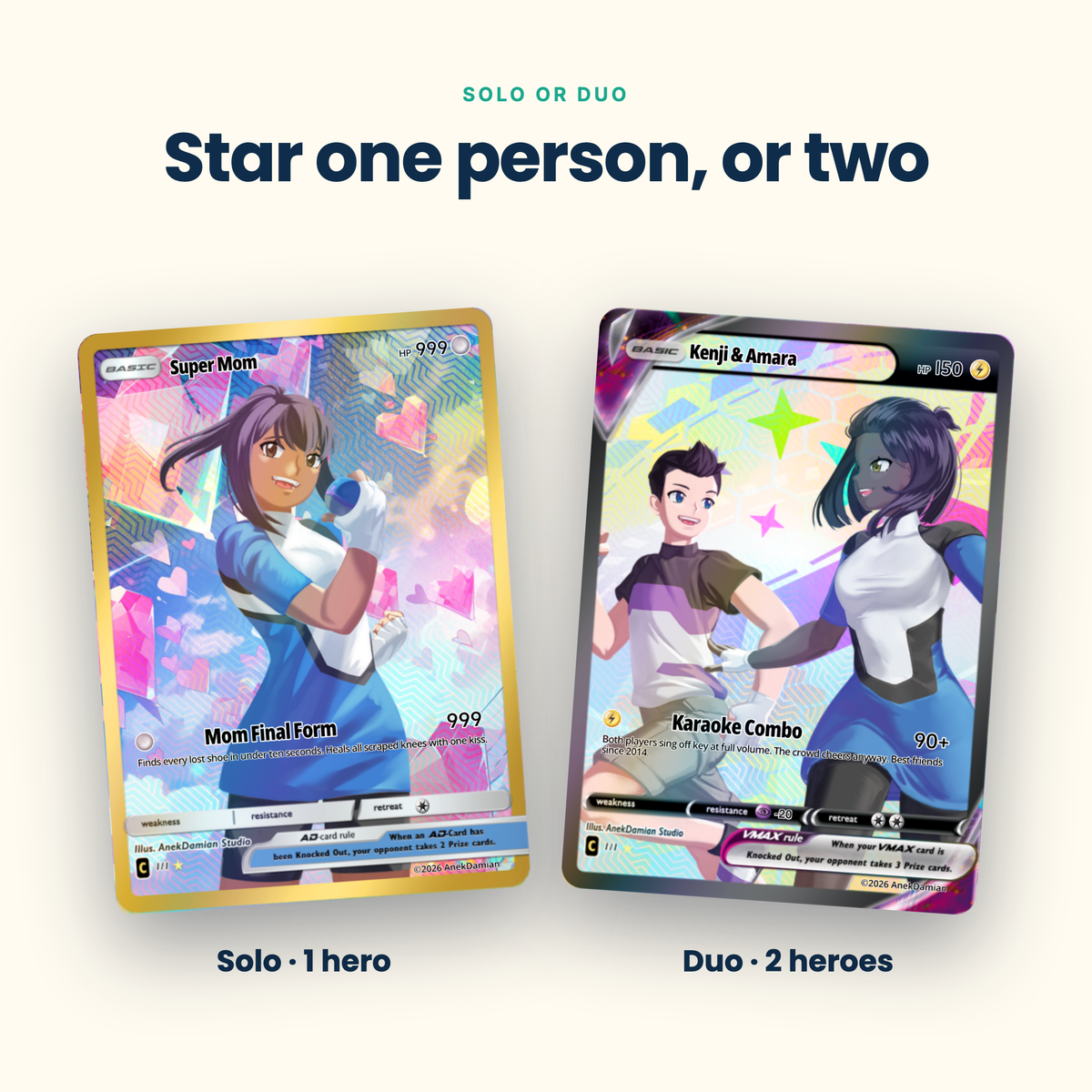 Solo card with one hero or duo card with two heroes