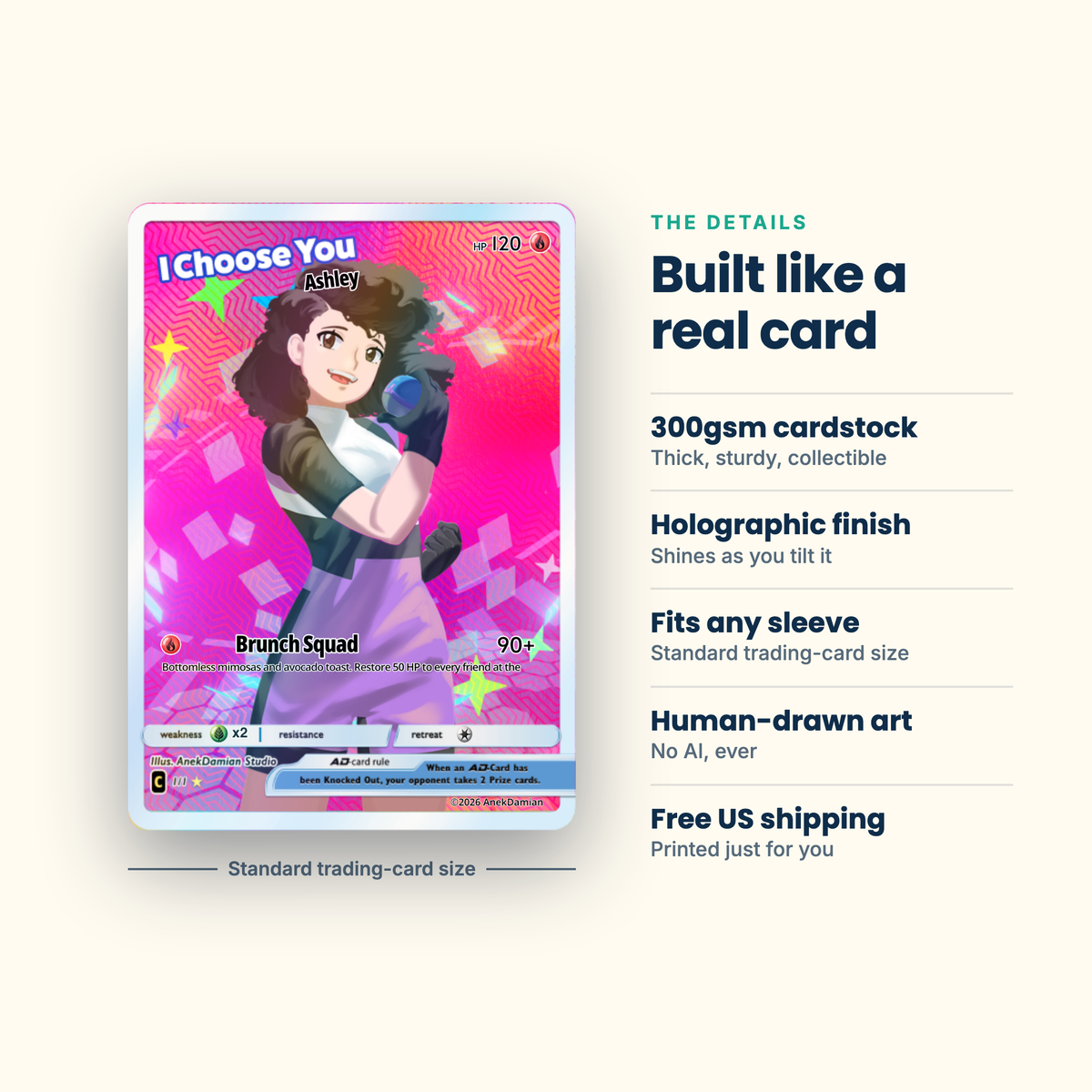 Card specs: 300gsm holographic cardstock, standard trading-card size, fits any sleeve