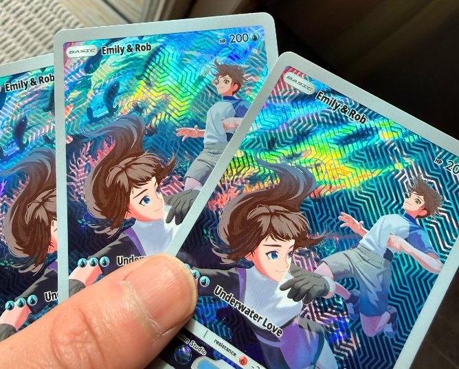 Three printed holographic Poke Cards for Emily & Rob fanned out in a hand, the foil shimmering in rainbow colours