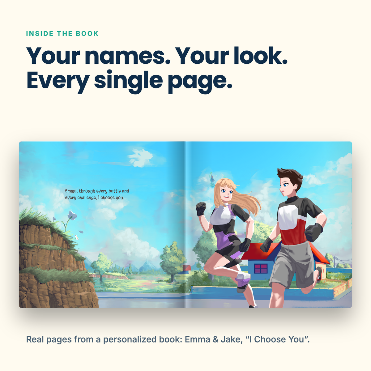 Inside the personalized storybook: an illustrated spread with the couple's names and look