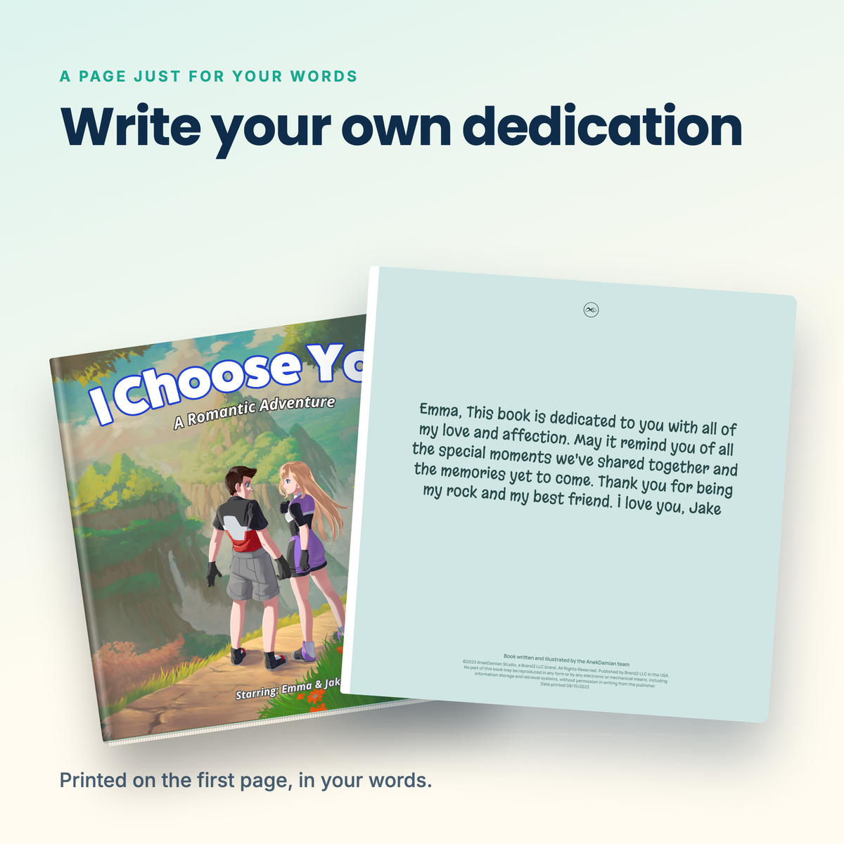 Personal dedication message printed on the first page of the storybook
