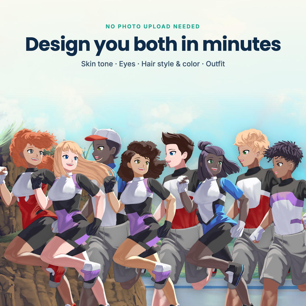 Anime characters you design in minutes: skin tone, eyes, hair style and outfit
