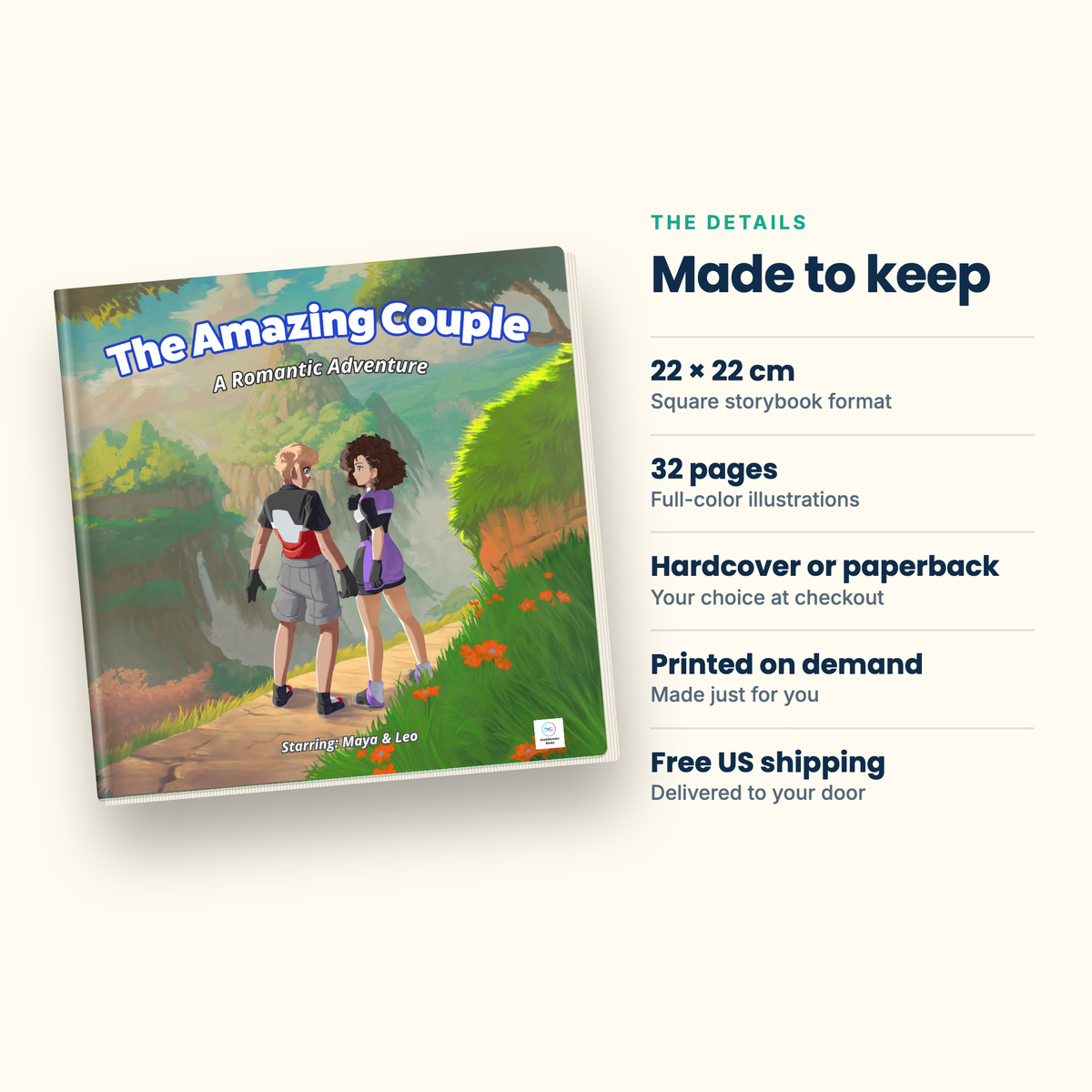 Storybook details: 22 x 22 cm, 32 pages, hardcover or paperback, printed on demand