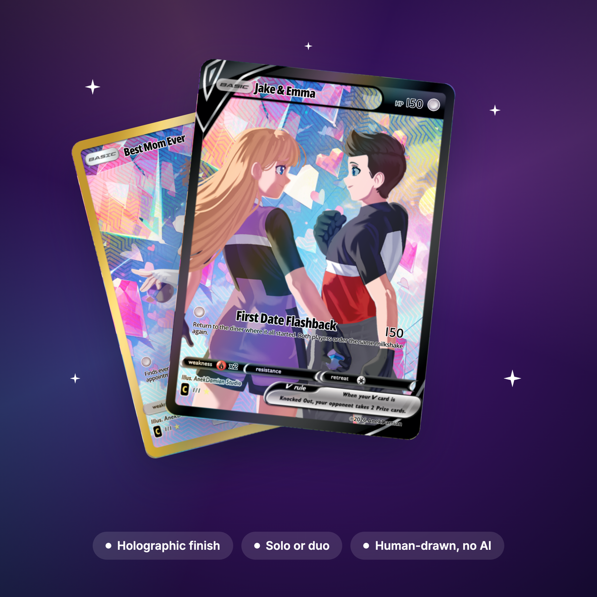 Personalized holographic anime trading card starring a couple