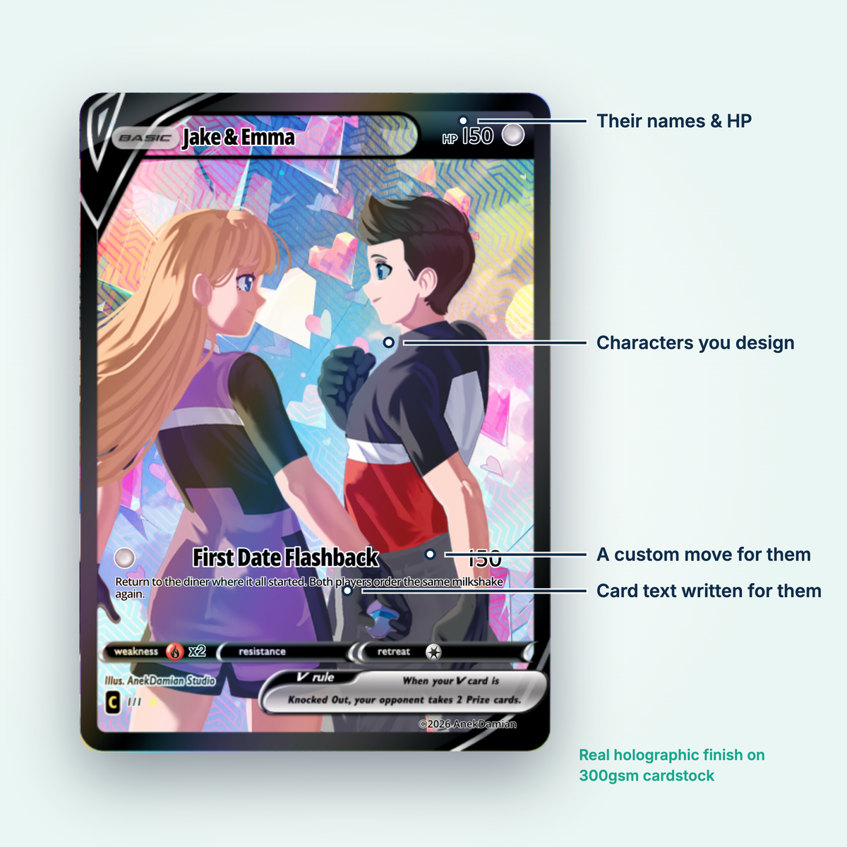 Card details you write: names, HP, characters, a custom move and card text