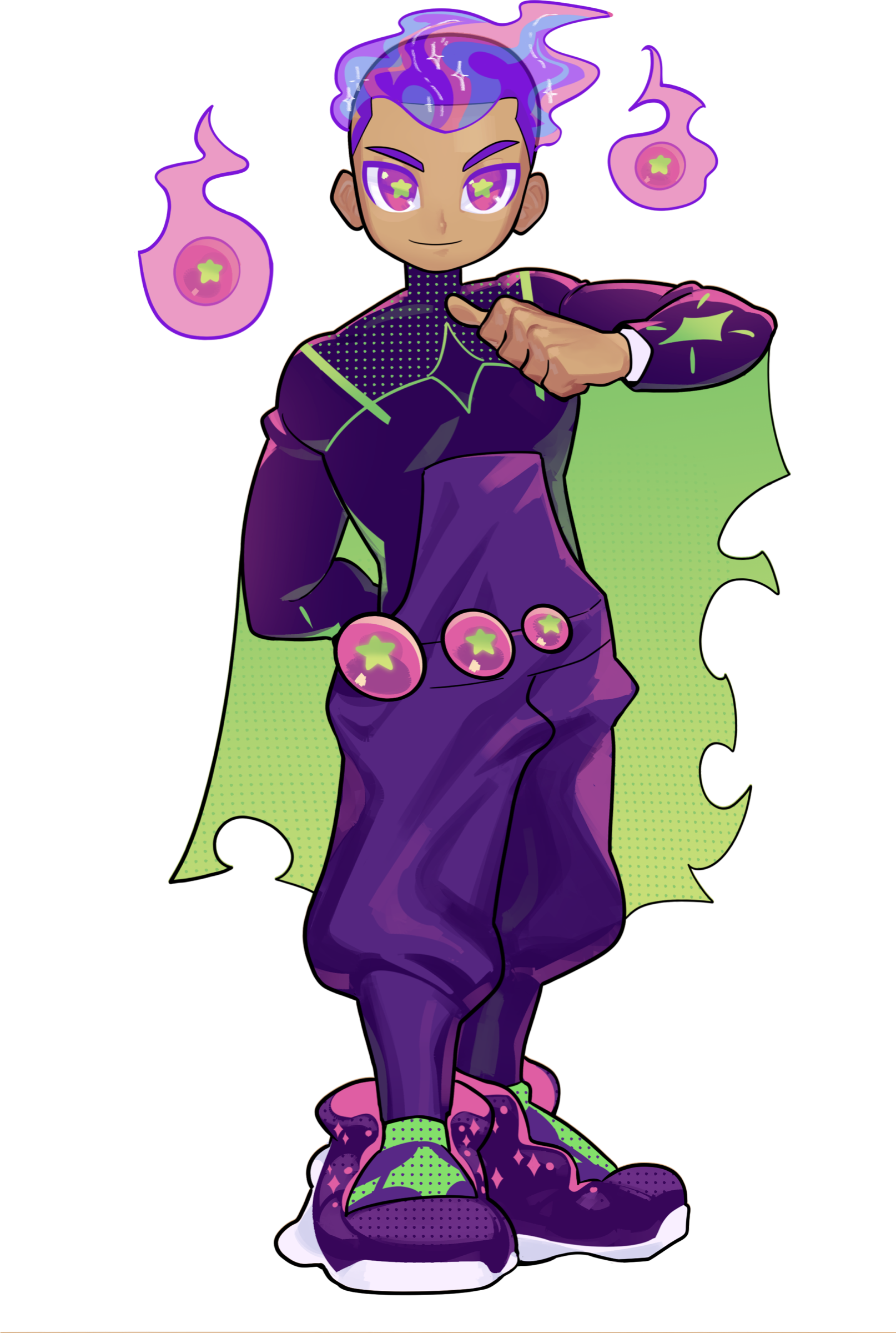 Illustration of Damian in a purple suit with a green cape