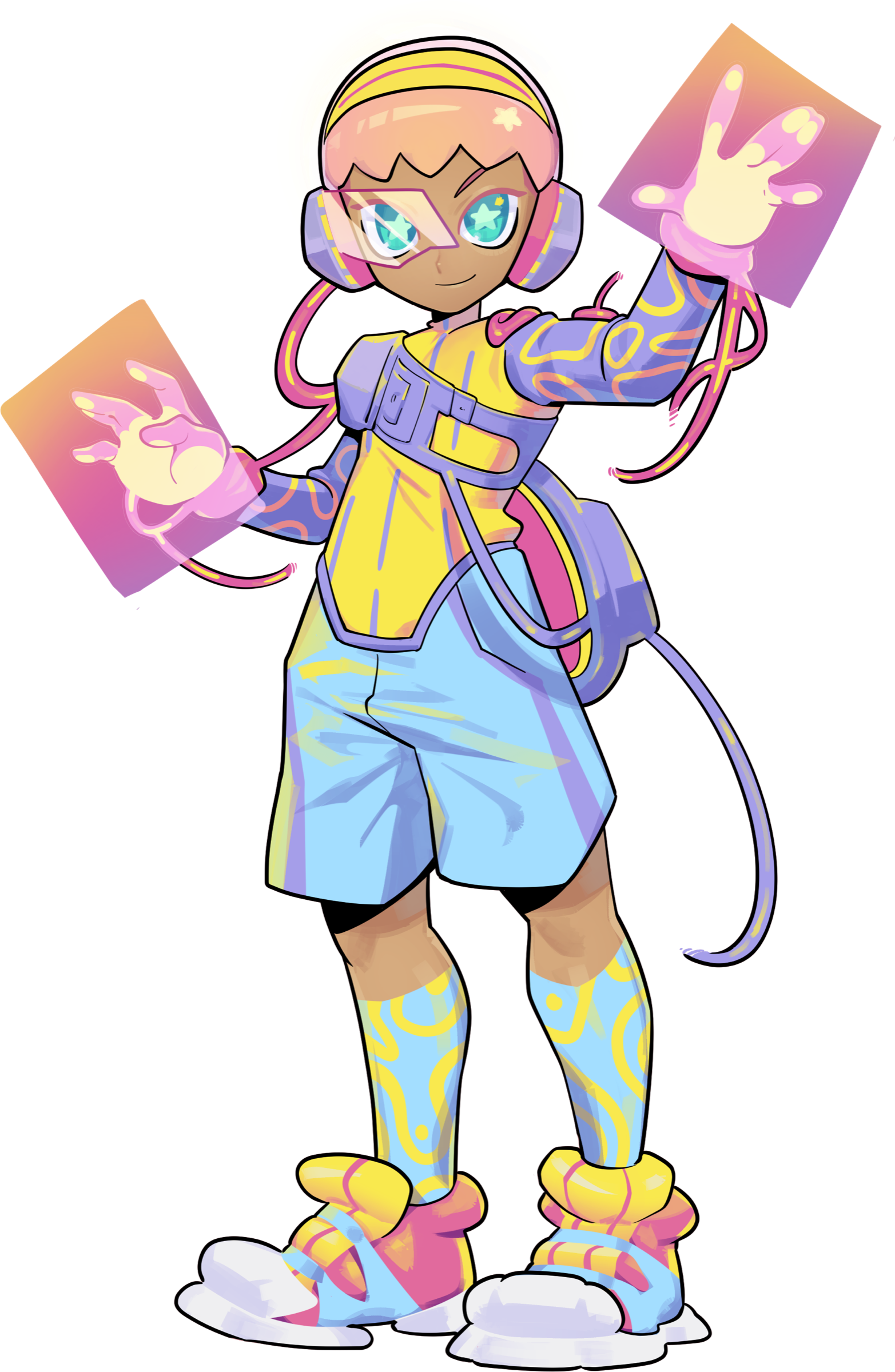 Illustration of Anek, a space explorer holding two glowing cards